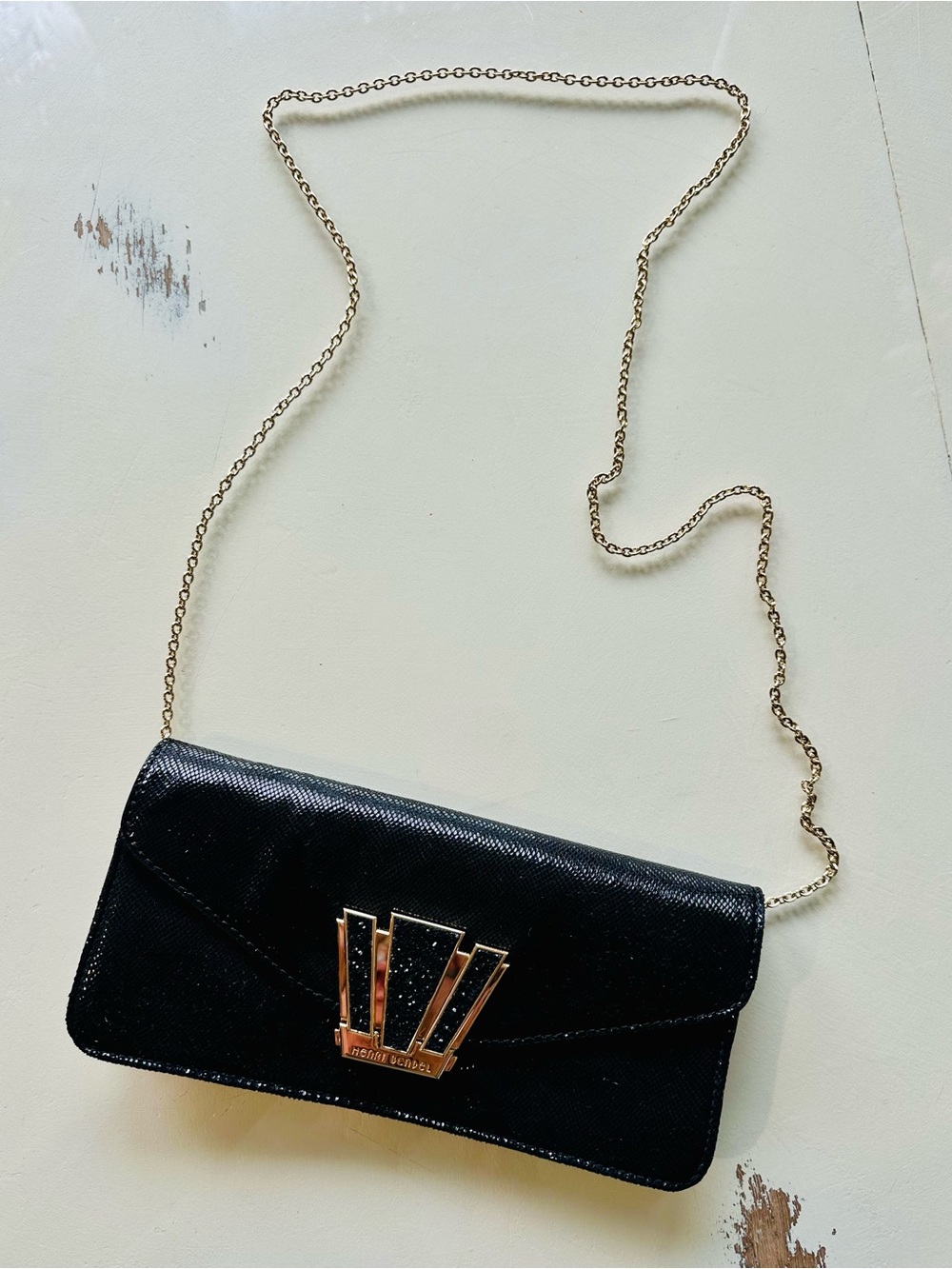 henri bendel Black Crossbody clutch with Gold Chain